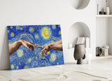 Hands of God and Adam in Van Gogh Style Glass Wall Art