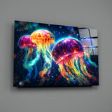 Neon Jellyfish Glass Wall Art || Designer Collection