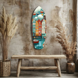 Cute Coastal Village Glass Wall Art