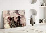 Girl in Retro Hat Glass Wall Art