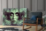 Tropical Leaf and Woman Portrait Glass Wall Art