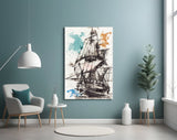 Ship Illustration Glass Wall Art