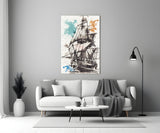 Ship Illustration Glass Wall Art