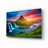 Kirkjufellsfoss Waterfall and View Glass Wall Art